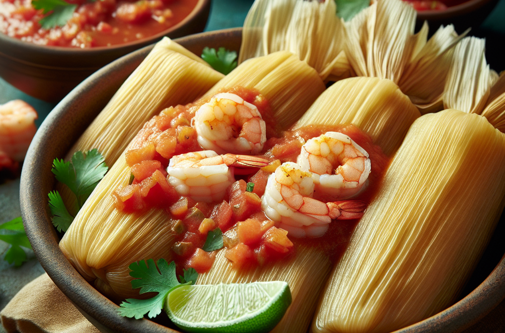 Tamales de camarón con salsa de tomate