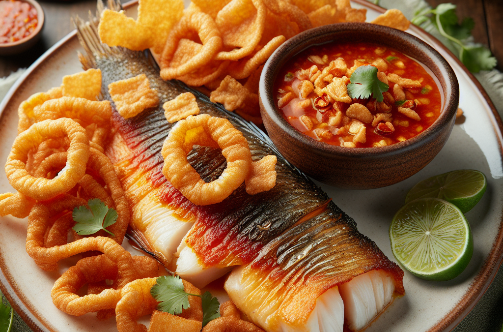 Filete de pescado con chicharrón y salsa de guajillo