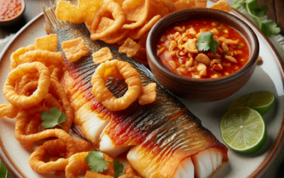 Filete de pescado con chicharrón y salsa de guajillo