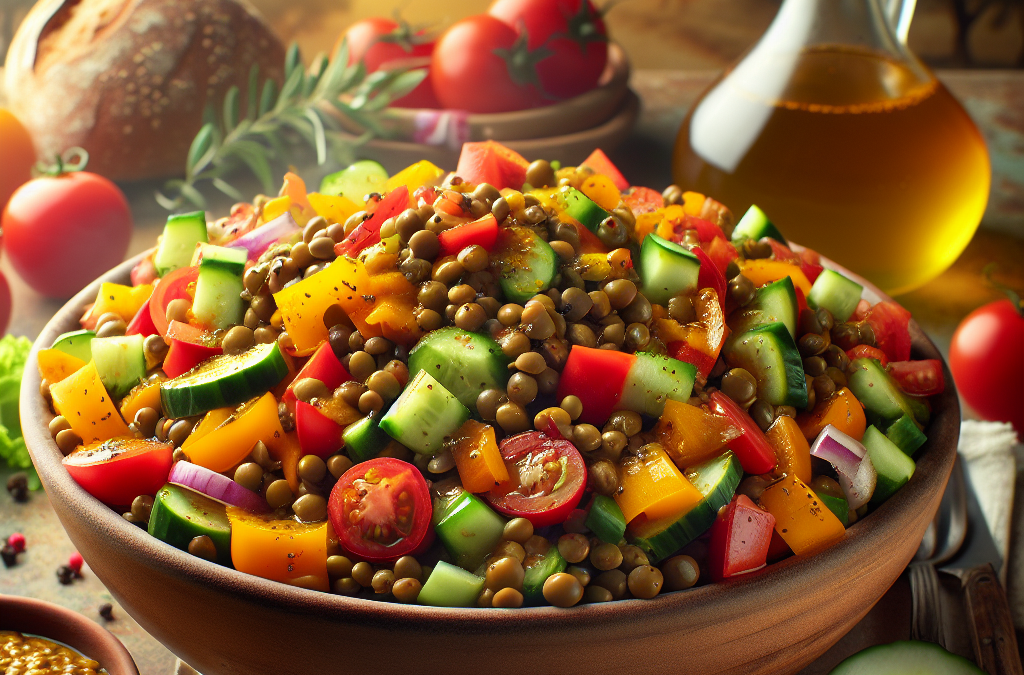 Ensalada de lentejas con verduras y aderezo de mostaza