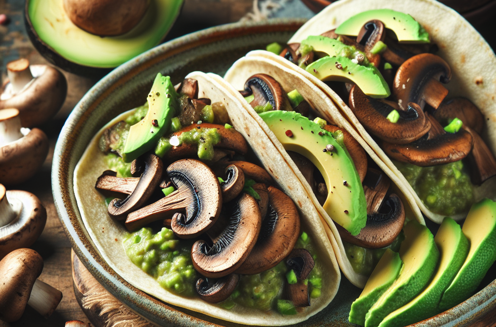 Tacos de champiñones con aguacate y salsa verde