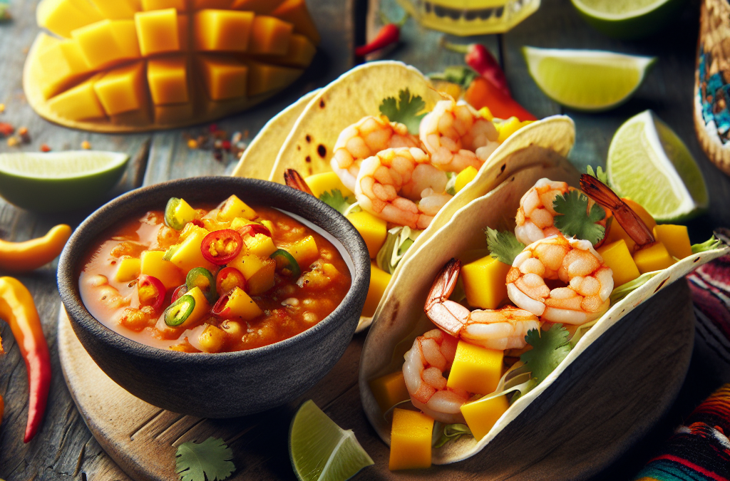 Tacos de camarones con salsa de mango y habanero