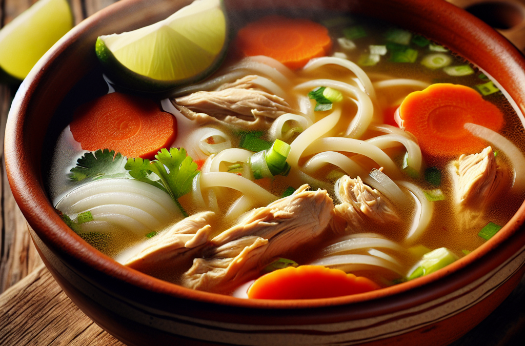 Caldo de pollo con fideos y verduras