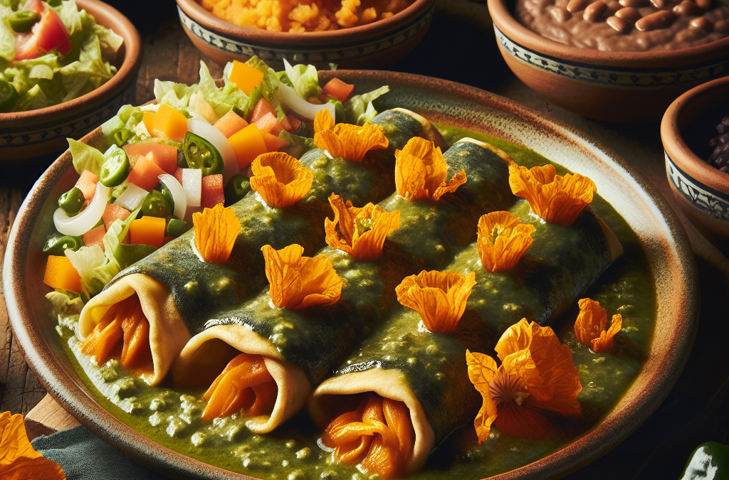 Enchiladas de flor de calabaza con salsa de chile poblano