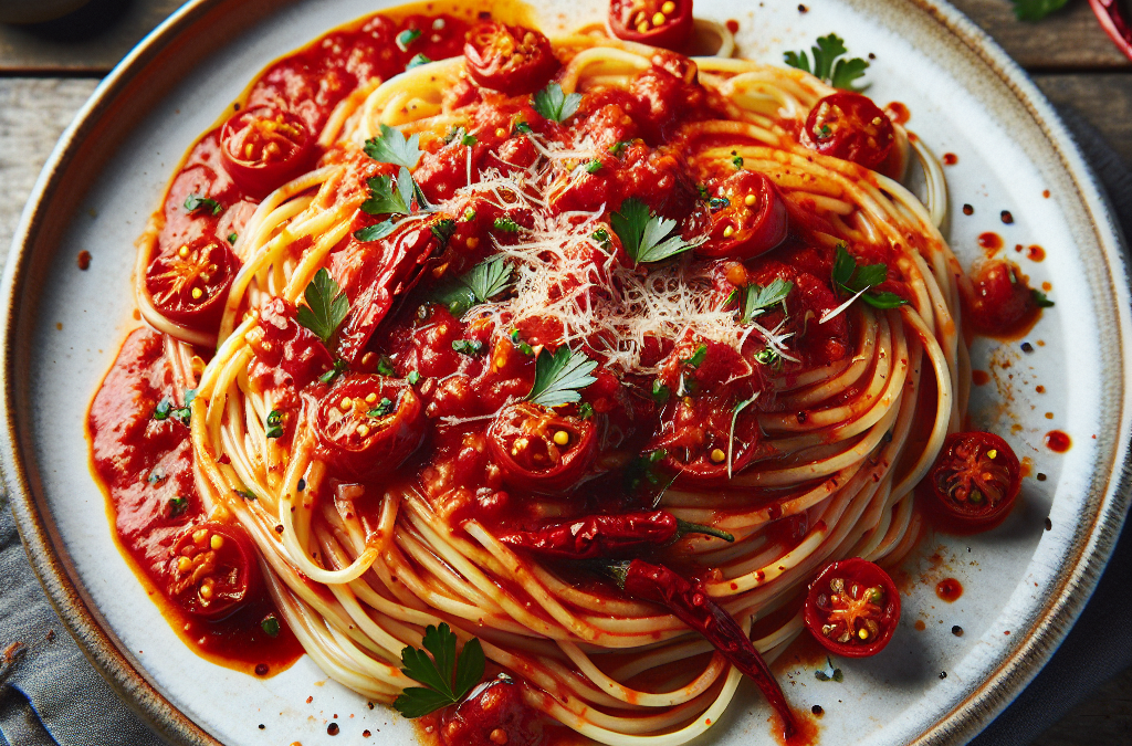 Espagueti con salsa de tomate y chile habanero