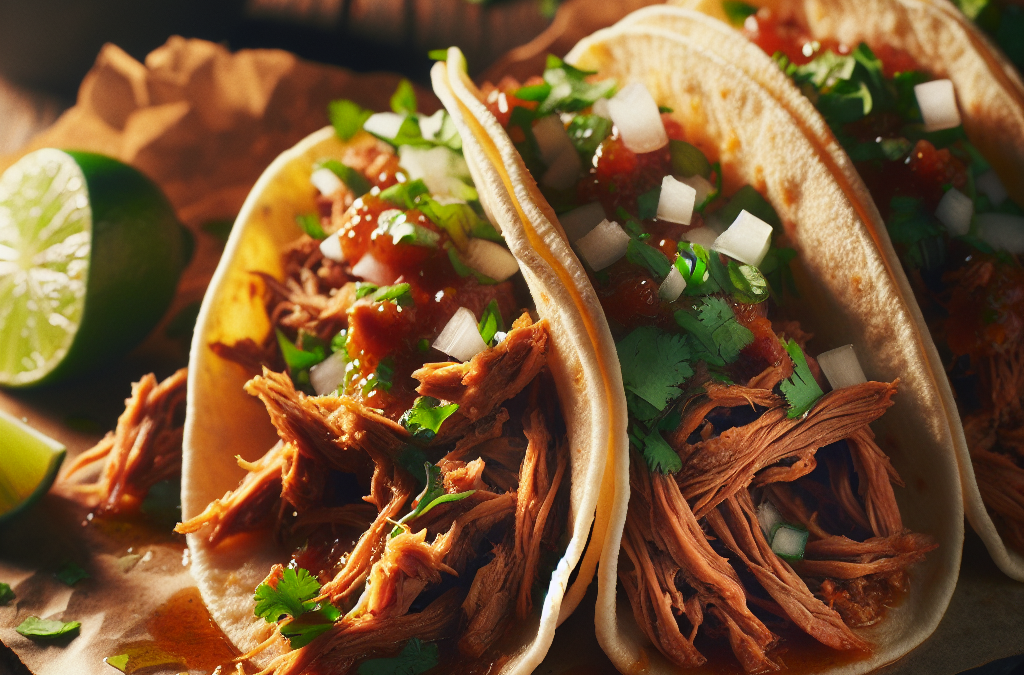 Tacos de carnitas con cebolla y cilantro