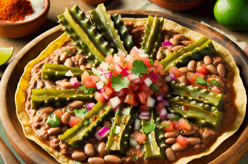 Tostadas de frijoles con nopales y pico de gallo