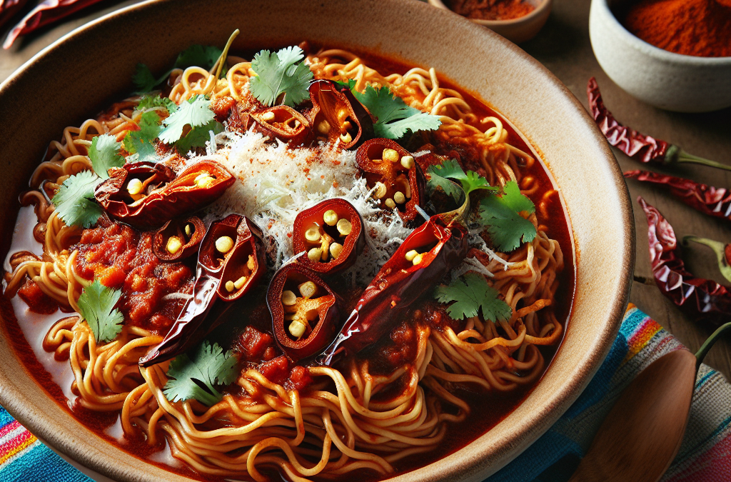 Fideo seco con salsa de jitomate y chile pasilla