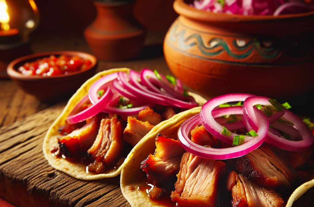 Tacos de lechón con cebolla morada