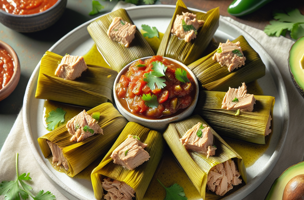 Tamales de atún con salsa de chile poblano