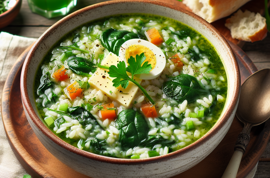 Sopa de arroz con espinacas y queso