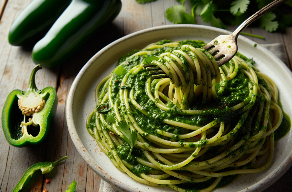 Espagueti con salsa de cilantro y chile poblano