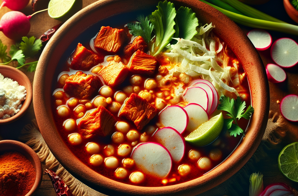 Pozole rojo con cerdo y maíz hominy