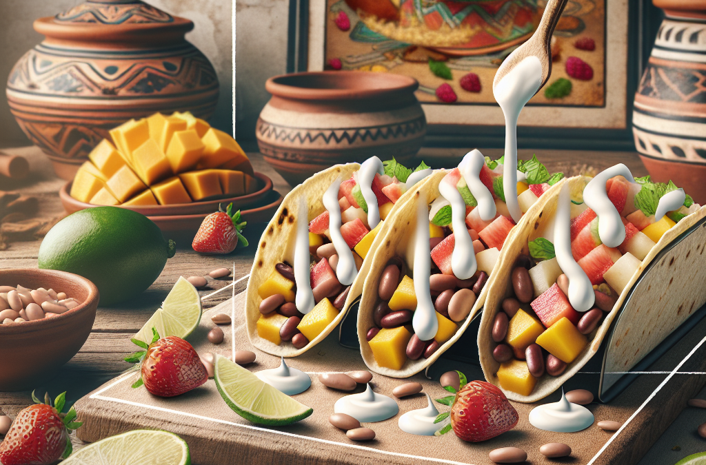 Tacos de frijoles y frutas con salsa de yogur