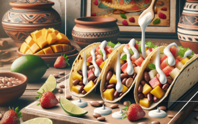 Tacos de frijoles y frutas con salsa de yogur