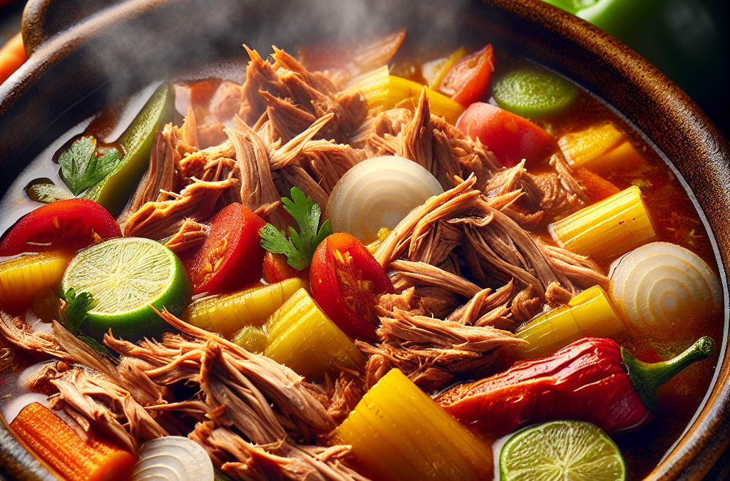 Cerdo deshebrado con verduras en caldo