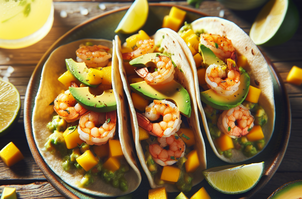 Tacos de camarón con aguacate y salsa de mango