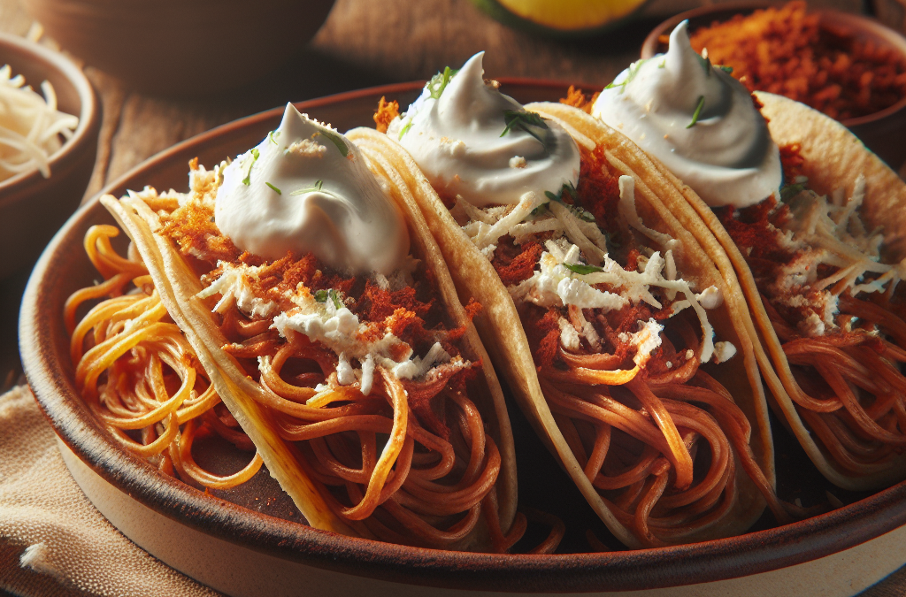 Tacos de fideo seco con crema y queso