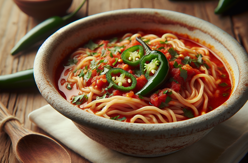 Fideo aguado con salsa de jitomate y chile serrano