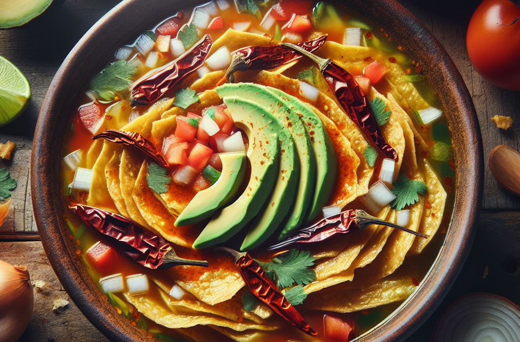 Sopa de tortilla con chile ancho y aguacate