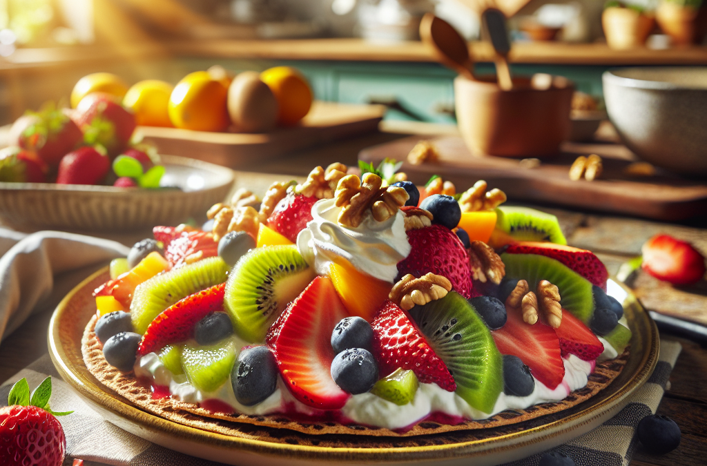 Tostadas de fruta con crema y nueces