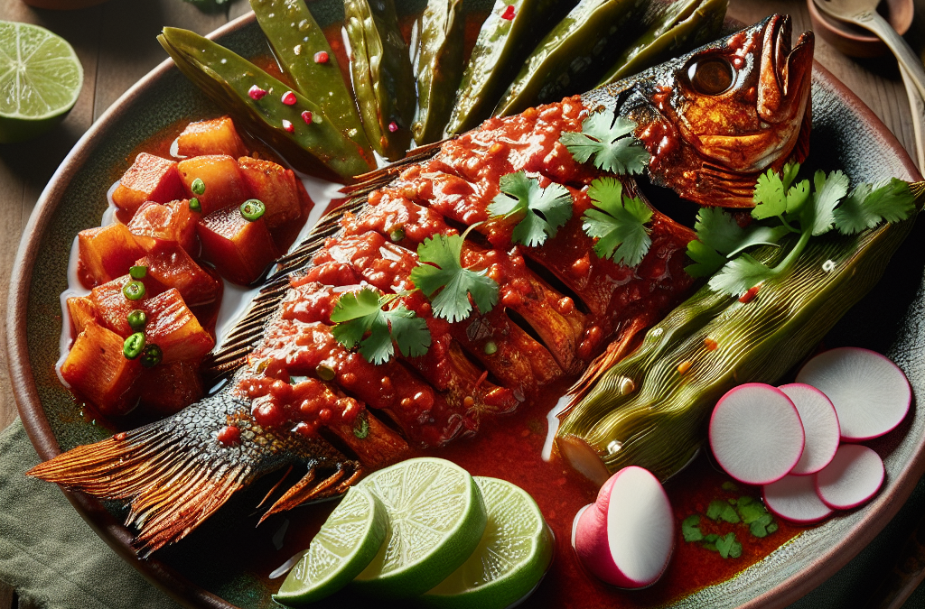 Pescado en salsa de guajillo con nopales