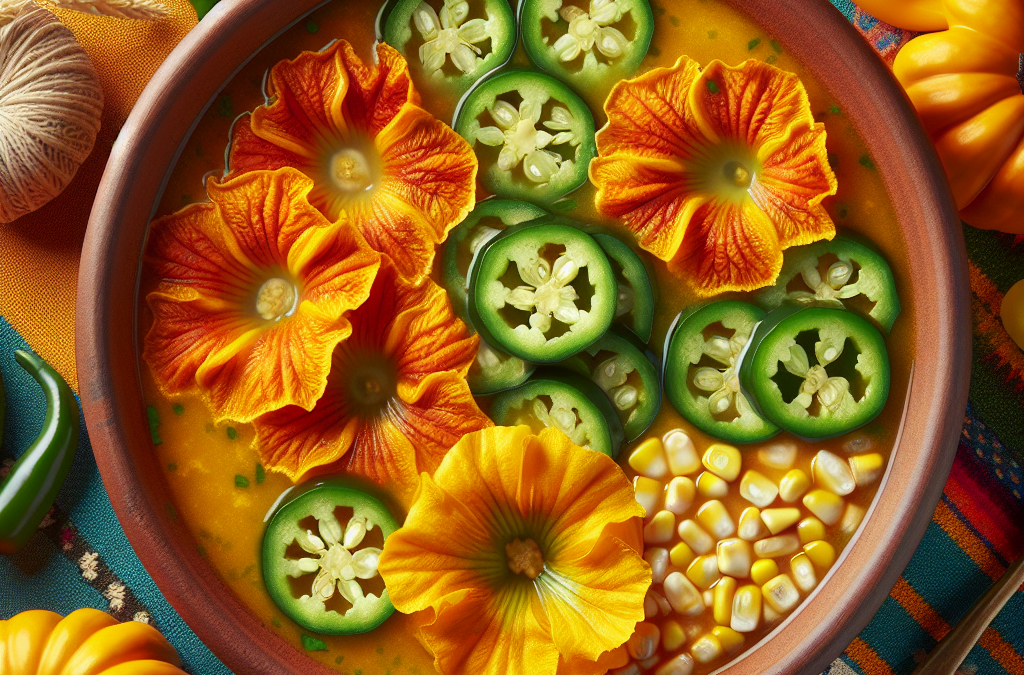 Sopa de flor de calabaza con elote y chile poblano