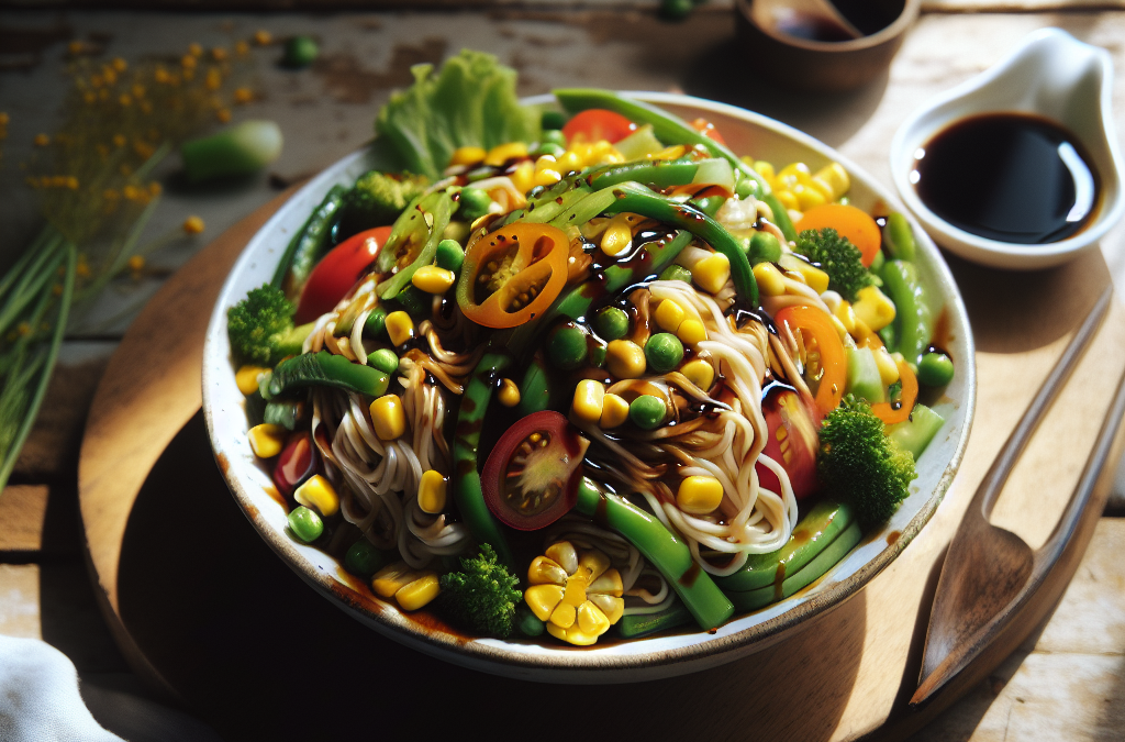 Ensalada de fideos de arroz con verduras y salsa de soya