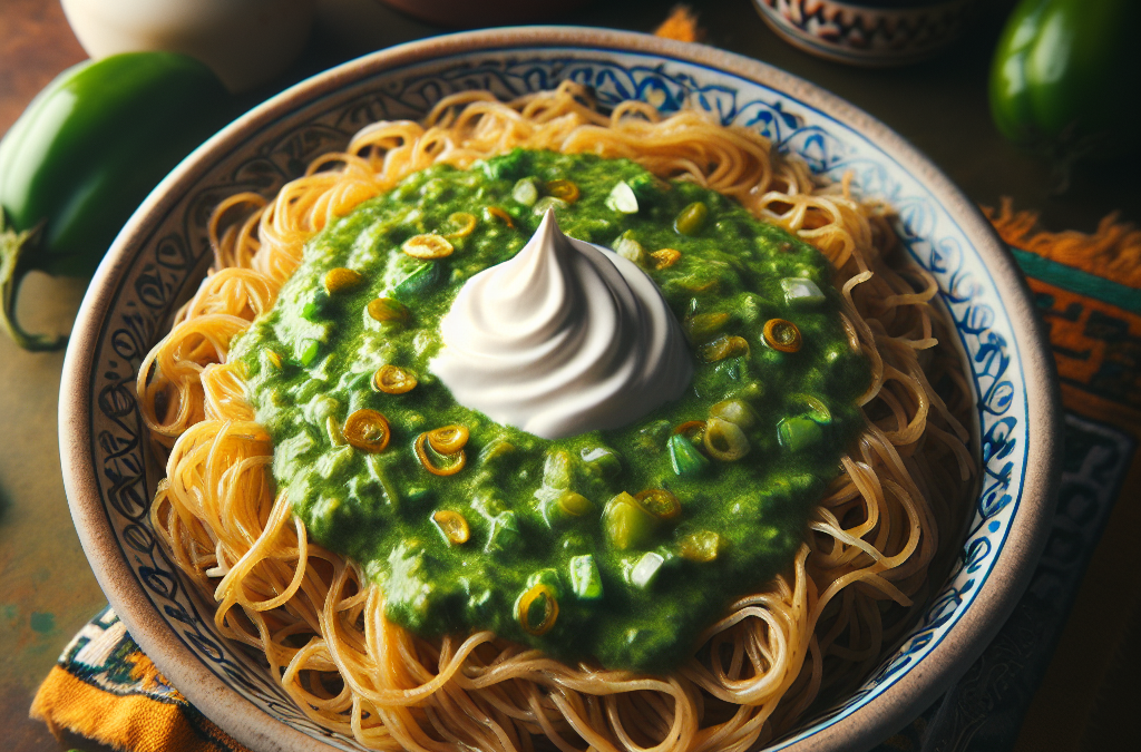 Fideo seco con salsa verde y crema