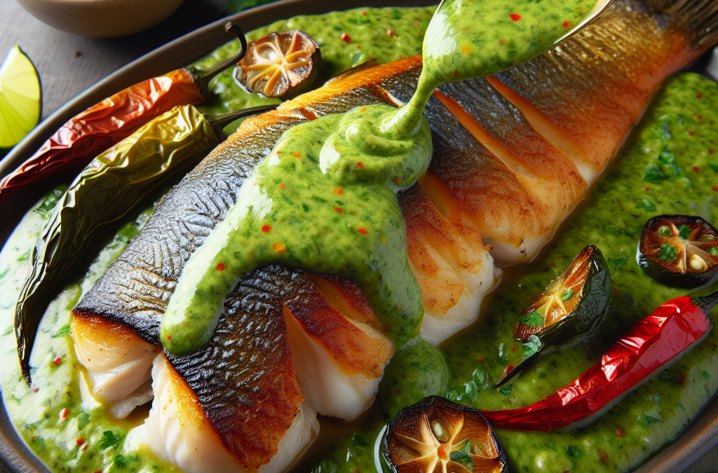 Pescado al horno con salsa de chile poblano