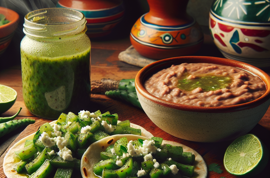 Tacos de nopal con frijoles refritos y salsa verde