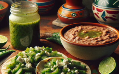 Tacos de nopal con frijoles refritos y salsa verde