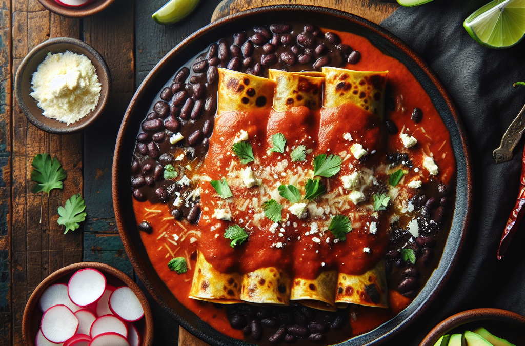 Enchiladas de frijol negro con salsa de chile guajillo