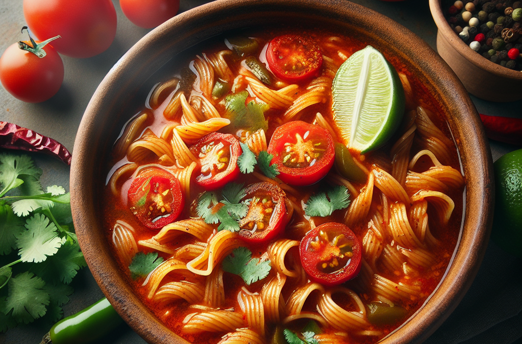 Fideo con caldo de jitomate y chile guajillo