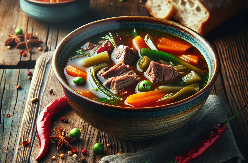 Sopa de carne con verduras y chile morita