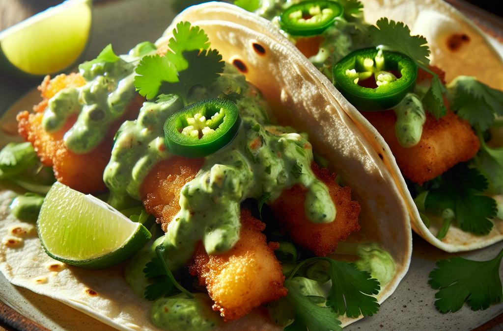 Tacos de pescado con salsa de aguacate y jalapeño.