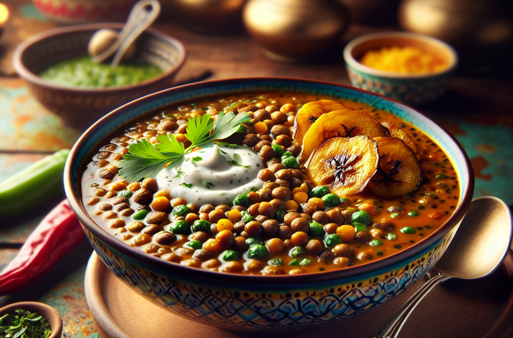 Sopa de lentejas con plátano macho y crema