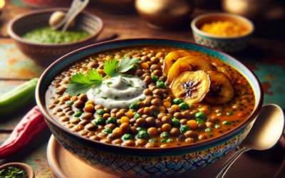 Sopa de lentejas con plátano macho y crema