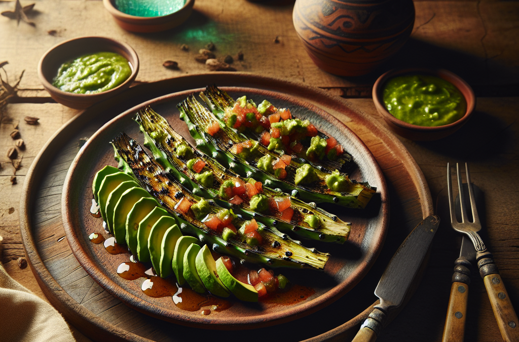 Nopales asados con salsa de tomatillo y aguacate