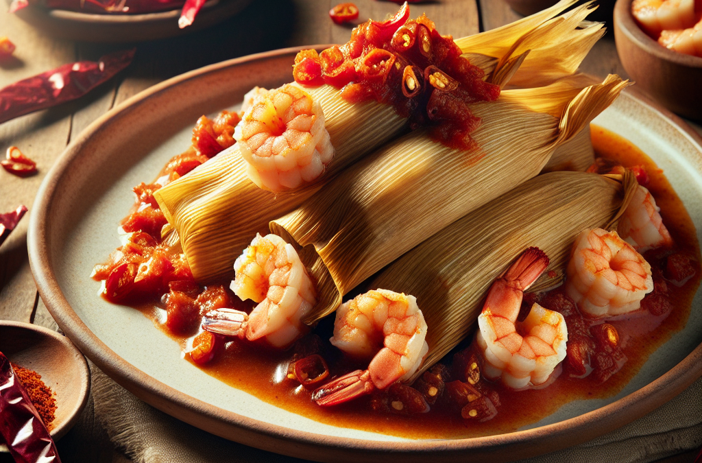 Tamales de camarón con chile guajillo