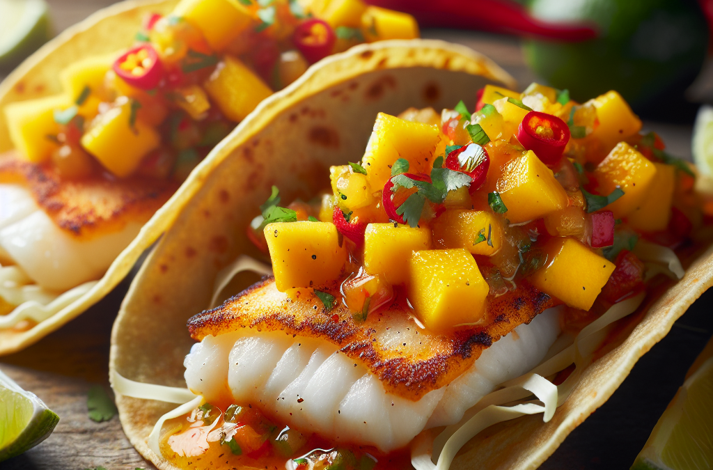 Tacos de pescado con salsa de mango y habanero