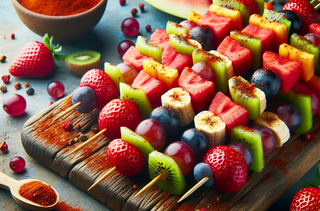 Brochetas de frutas frescas con chile en polvo