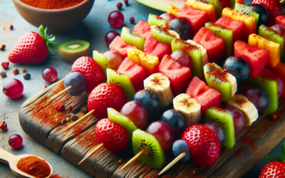 Brochetas de frutas frescas con chile en polvo