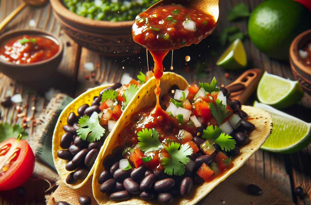 Tacos de frijoles negros con salsa