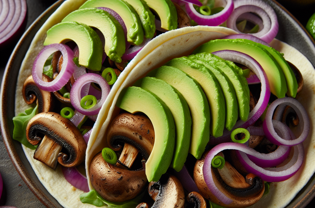 Tacos de champiñones con aguacate y cebolla morada