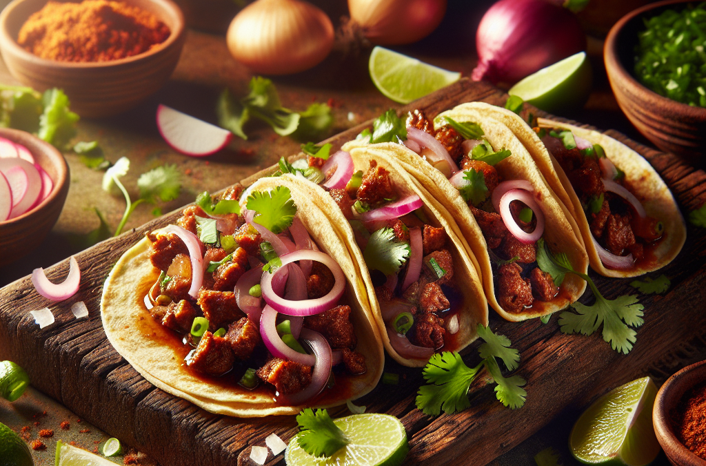 Tacos de carne enchilada con cebolla asada