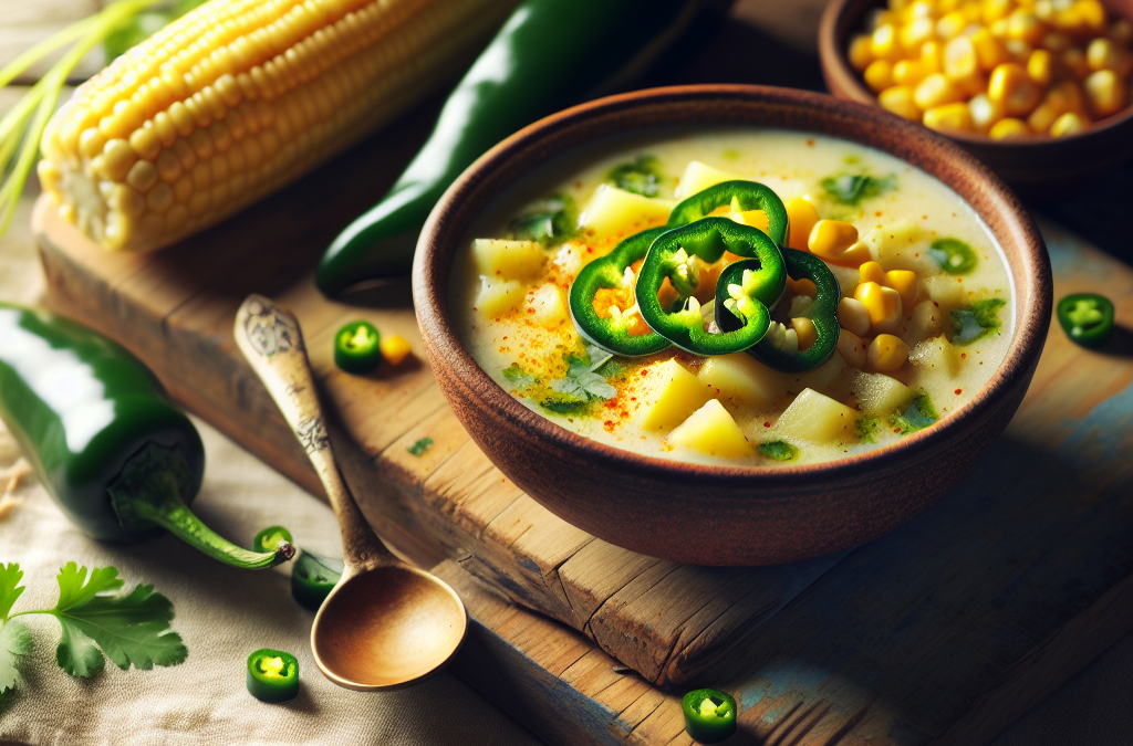 Sopa de papas con chile poblano y elote