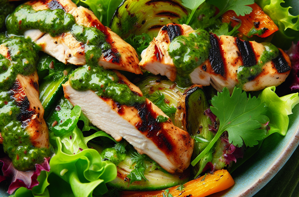 Ensalada de pollo a la parrilla con aderezo de cilantro