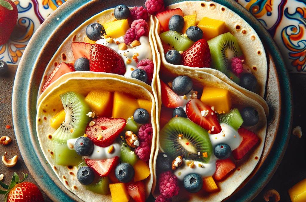 Tacos de frutas con crema y nuez