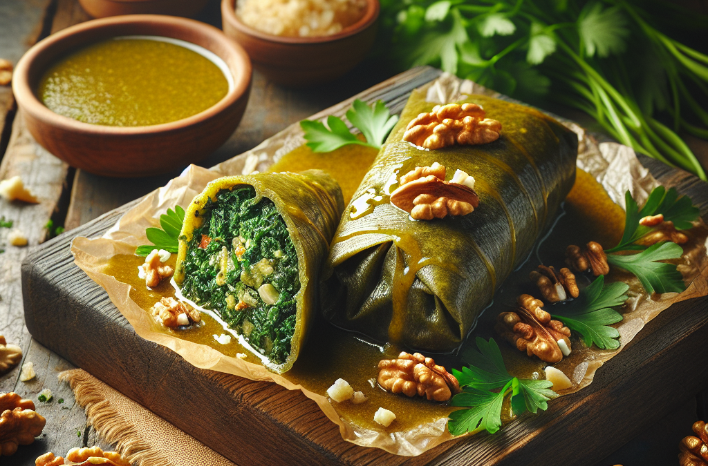 Tamales de espinacas con salsa de nuez